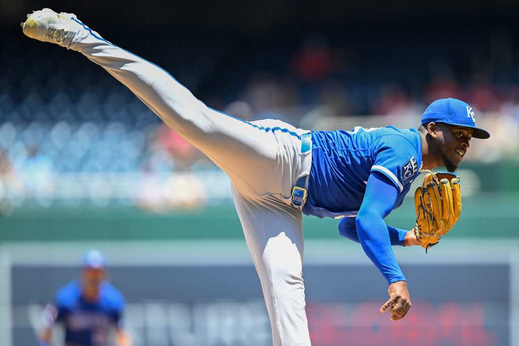 Kansas City Royals pitcher Luinder Avila follows through during the first inning of a baseball game against the Washington Nationals, Wednesday, June 17, 2026, in Washington. (AP Photo/John McDonnell)