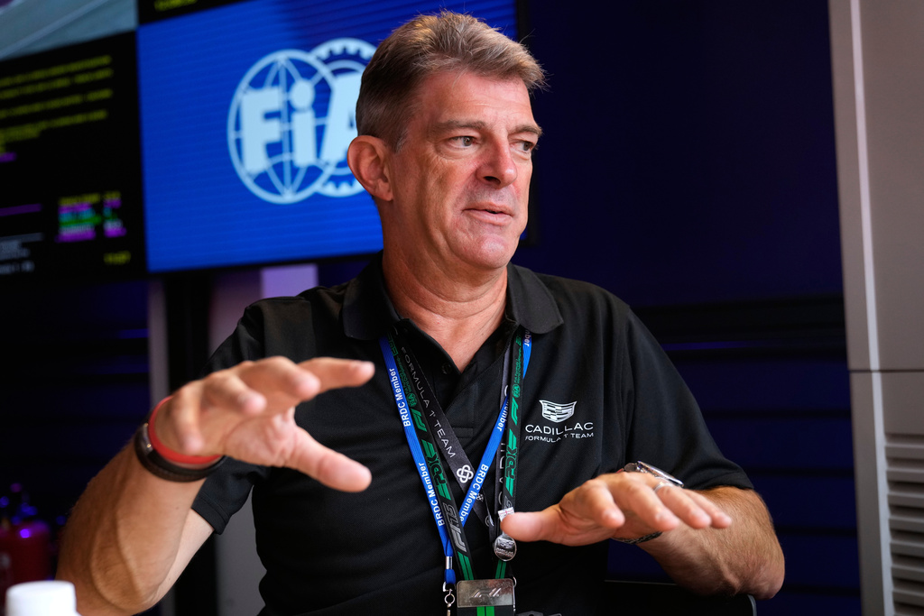 Graeme Lowdon, the team principal of the new Formula One team Cadillac, talks to The Associated Press during an interview at the Silverstone racetrack, ahead of the British Formula One Grand Prix, in Silverstone, England, Sunday, July 6, 2025. (AP Photo/Darko Bandic)