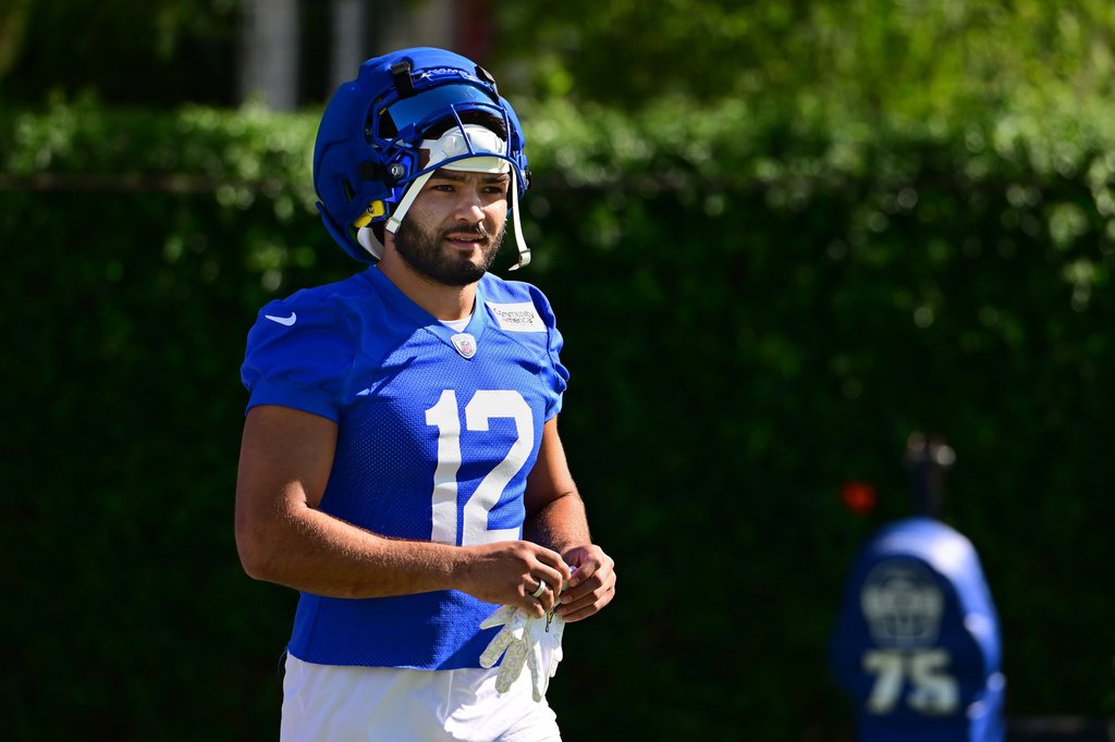 Los Angeles Rams wide receiver Puca Nacua takes the field during an NFL football training camp Monday, July 27, 2026, in Los Angeles. (AP Photo/Wally Skalij)