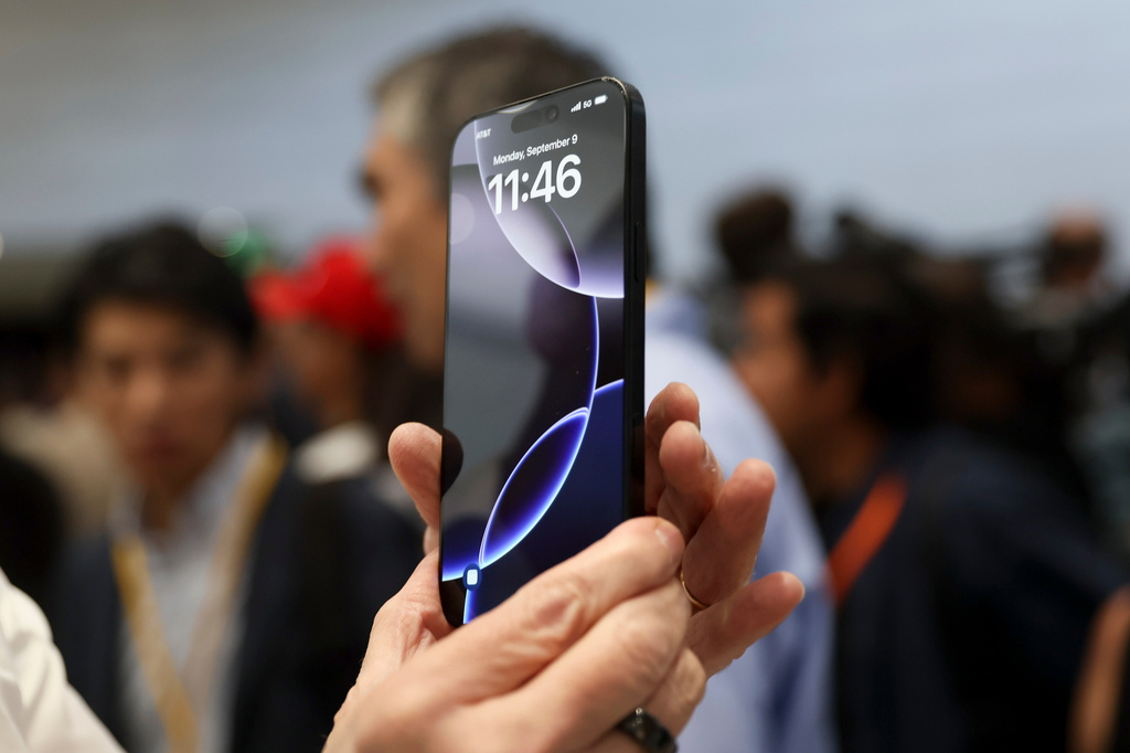 FILE - The new iPhone 16 is displayed during an announcement of new products at Apple headquarters Sept. 9, 2024, in Cupertino, Calif. (AP Photo/Juliana Yamada, File)