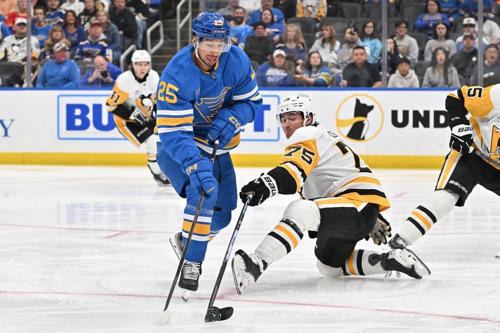 Pittsburgh Penguins defenseman Connor Clifton, right, defends against St. Louis Blues right wing Jordan Kyrou (25) during the second period of an NHL hockey game Tuesday, April 14, 2026, in St. Louis. (AP Photo/Jeff Le)