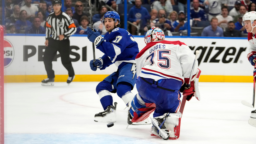 Tampa Bay Lightning center Dominic James (17) watches his shot get past Montréal Canadiens goaltender Jakub Dobes (75) for a goal during the second period in Game 5 of an NHL hockey Stanley Cup first-round playoff series, Wednesday, April 29, 2026, in Tampa, Fla. (AP Photo/Chris O'Meara)