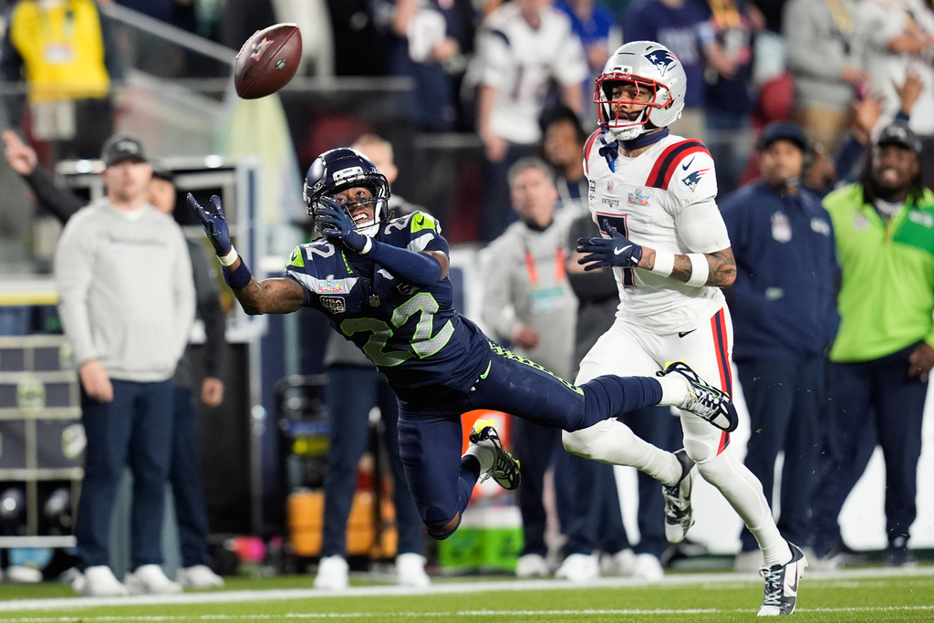 Seattle Seahawks wide receiver Rashid Shaheed (22) cannot catch a pass in front of New England Patriots cornerback Carlton Davis III (7) during the second half of the NFL Super Bowl 60 football game, Sunday, Feb. 8, 2026, in Santa Clara, Calif. (AP Photo/Steve Luciano)