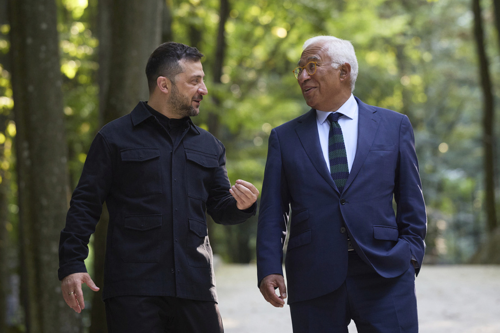 In this photo provided by the Ukrainian Presidential Press Office, Ukrainian President Volodymyr Zelenskyy, left, and European Council President Antonio Costa talk in Uzhhorod, Ukraine, Friday, Sept. 5 2025. (Ukrainian Presidential Press Office via AP)