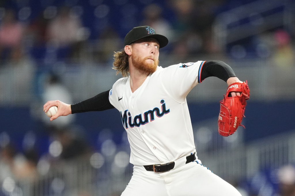Miami Marlins starting pitcher Max Meyer pitches during the first inning of a baseball game against the Atlanta Braves, Monday, May 18, 2026, in Miami. (AP Photo/Rebecca Blackwell)