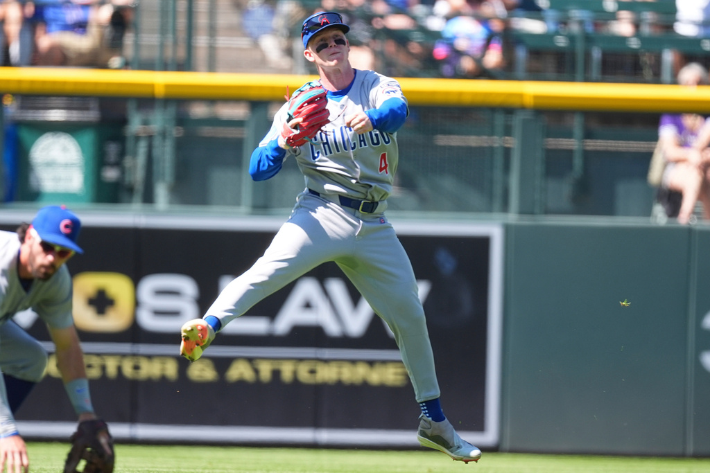 FILE - Chicago Cubs center fielder Pete Crow-Armstrong (4) in the fourth inning of a baseball game Sunday, Aug. 31, 2025, in Denver. (AP Photo/David Zalubowski, File)
