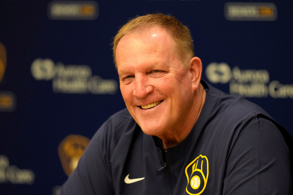Milwaukee Brewers manager Pat Murphy talks during a press conference before an opening-day baseball game against the Chicago White Sox, Thursday, March 26, 2026, in Milwaukee. (AP Photo/Kayla Wolf)