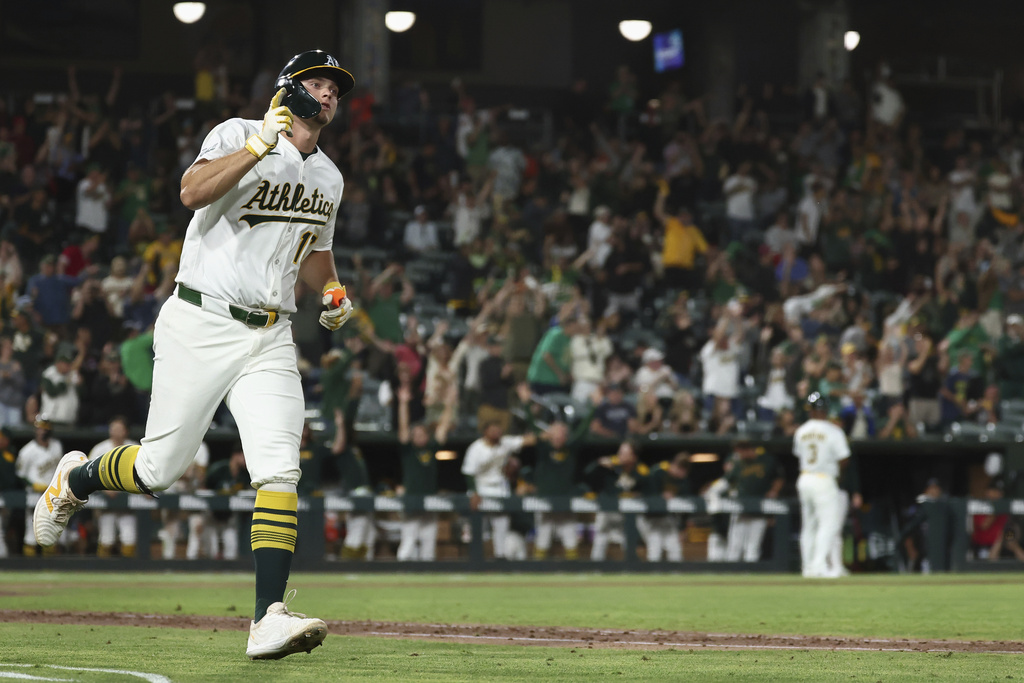 Athletics' Nick Kurtz runs the bases after hitting a grand slam during the eighth inning of a baseball game against the Cincinnati Reds Saturday, Sept. 13, 2025, in West Sacramento, Calif. (AP Photo/Sara Nevis)