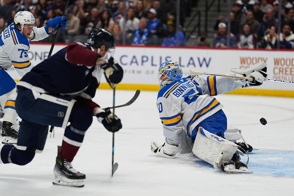 St. Louis Blues goaltender Jordan Binnington, right, allows in a goal on a shot by Colorado Avalanche right wing Valeri Nichushkin in the first period of an NHL hockey game, Wednesday, Dec. 31, 2025, in Denver. (AP Photo/David Zalubowski)
