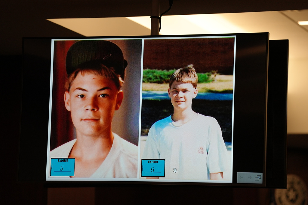 Photos of Robert Springsteen in his youth were displayed a special hearing in the Yogurt Shop murders on Thursday, Jan. 19, 2026, in Austin, Texas. (Chris Lamarca/The San Antonio Express-News via AP)