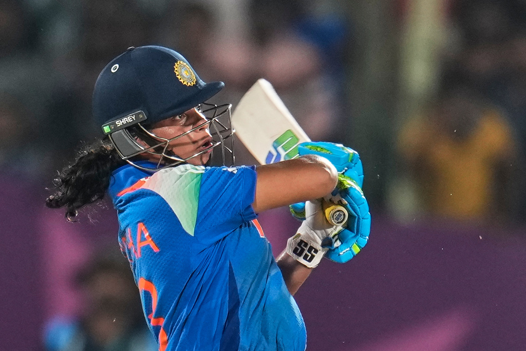 India's Richa Ghosh bats during the ICC Women's Cricket World Cup match between India and South Africa at ACA-VDCA Cricket Stadium in Visakhapatnam, India, Thursday, Oct. 9, 2025. (AP Photo/Aijaz Rahi)