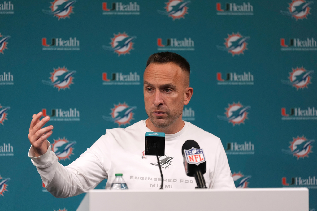 Miami Dolphins head coach Jeff Hafley speaks during a news conference after an NFL football game against the Las Vegas Raiders, Sunday, Sept. 13, 2026, in Las Vegas. (AP Photo/Ross D. Franklin)