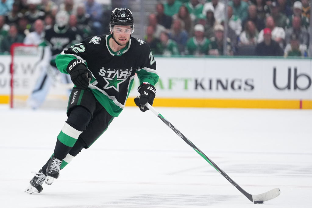 FILE - Dallas Stars center Mavrik Bourque skates during the first period in Game 5 of a first-round NHL Stanley Cup playoffs hockey series between the Dallas Stars and the Minnesota Wild, April 28, 2026, in Dallas. (AP Photo/Julio Cortez, File)