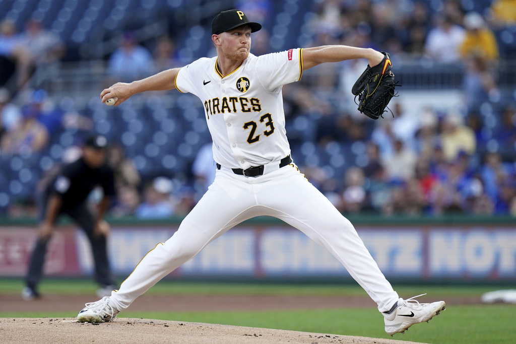 Pittsburgh Pirates pitcher Mitch Keller delivers during the first inning of a baseball game against the Toronto Blue Jays Tuesday, Aug. 19, 2025, in Pittsburgh. (AP Photo/Matt Freed)