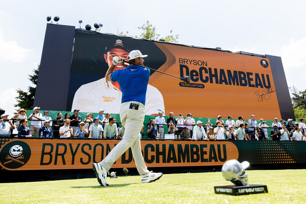 FILE - Captain Bryson DeChambeau of Crushers GC hits his shot from the first tee during the first round of LIV Golf Mexico City at Club de Golf Chapultepec on Thursday, April 16, 2026 in Naucalpan, Mexico. (Scott Taetsch/LIV Golf via AP, File)