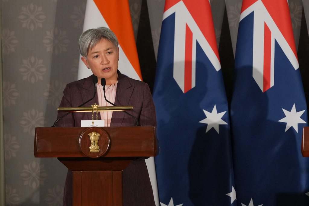 Australian Foreign Minister Penny Wong speaks to reporters following a Quad ministerial meeting at Hyderabad House in New Delhi, India, Tuesday, May 26, 2026. (AP Photo/Manish Swarup)