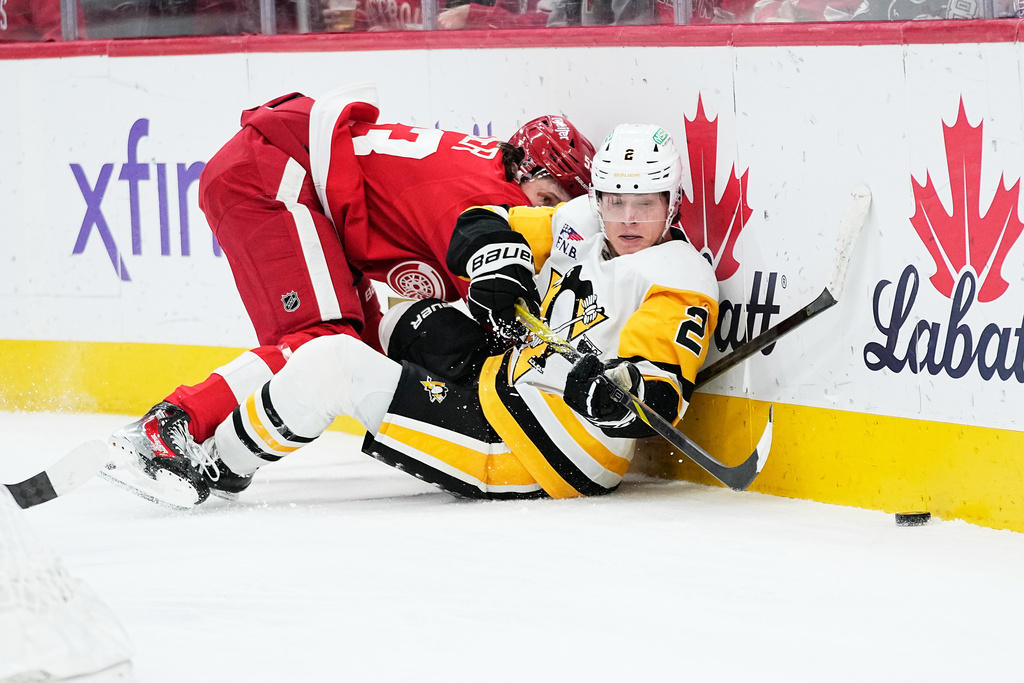 Pittsburgh Penguins right wing Rutger McGroarty, right, and Detroit Red Wings defenseman Moritz Seider vie for the puck during the first period of an NHL hockey game Saturday, Jan. 3, 2026, in Detroit. (AP Photo/Ryan Sun)