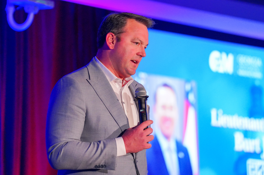 Georgia Lt. Gov. Burt Jones speaks at the Georgia Association of Manufacturers Gubernatorial Forum, in Atlanta,, Tuesday, April 21, 2026. (Matthew Pearson/WABE via AP)