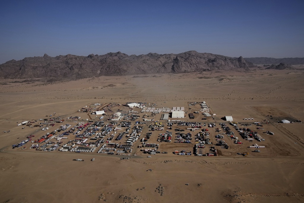 A overview of the bivouac camp during the stage one of the Dakar Rally in Bisha, Saudi Arabia, Saturday, Jan. 4, 2025. (AP Photo/Christophe Ena)