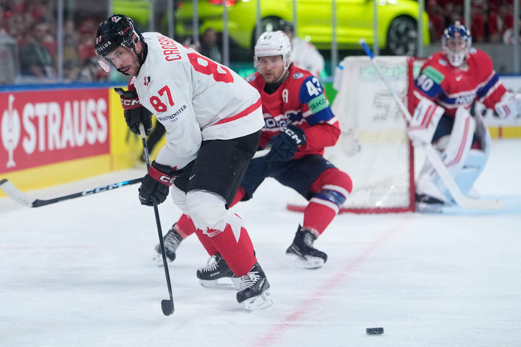 during the 2026 IIHF Men's Ice Hockey World Championship bronze medal match between Canada and Norway, in Zurich, Switzerland, Sunday, May 31, 2026. (AP Photo/Darko Bandic)