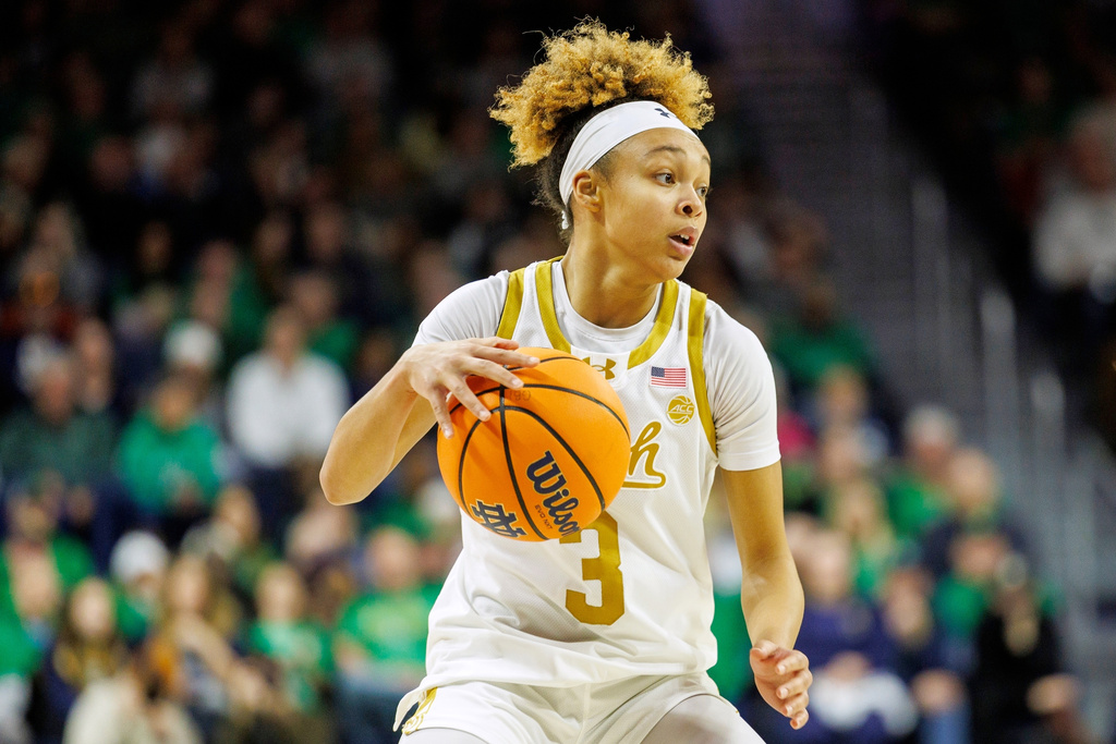 FILE - Notre Dame guard Hannah Hidalgo (3) during the first half of an NCAA college basketball game against Duke, Monday, Feb. 17, 2025, in South Bend, Ind. (AP Photo/John Mersits, File)