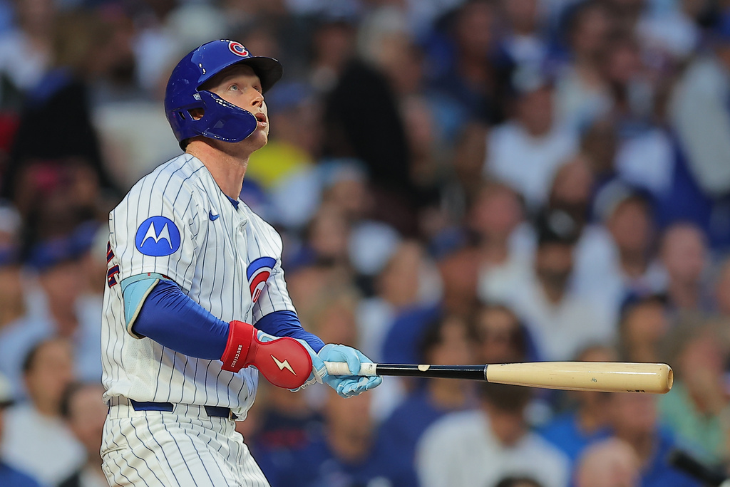 Chicago Cubs' Pete Crow-Armstrong watches his home run during the first inning of a baseball game against the Chicago White Sox, Tuesday, Aug. 18, 2026, in Chicago. (AP Photo/Melissa Tamez)