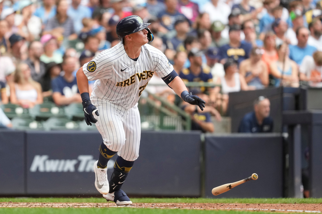 Milwaukee Brewers' Andrew Vaughn drops his bat after hitting a solo home run during the sixth inning of a baseball game against the Colorado Rockies, Sunday, July 26, 2026, in Milwaukee. (AP Photo/Aaron Gash)