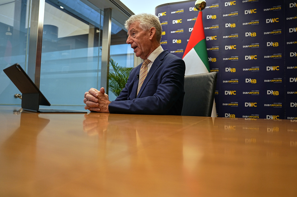 Dubai Airports CEO Paul Griffiths speaks to the Associated Press in Dubai, United Arab Emirates, Wednesday, Aug. 26, 2026. (AP Photo/ Fatima Shbair)