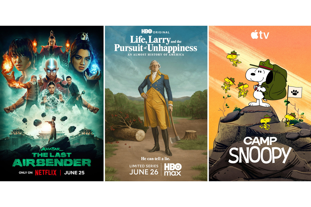 This combination of images show promotional art for "The Last Airbender," from left, "Life, Larry and the Pursuit of Unhappiness," and "Camp Snoopy." (Netflix/HBO Max/Apple TV via AP)