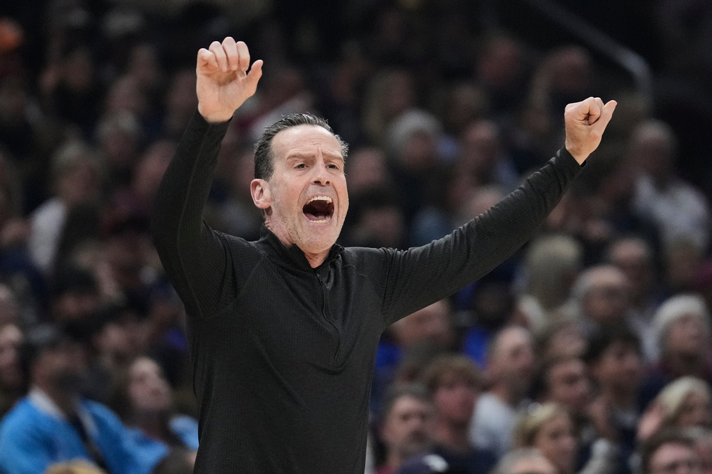 Cleveland Cavaliers head coach Kenny Atkinson shouts in the first half of Game 6 of a second-round NBA basketball playoffs series against the Detroit Pistons Friday, May 15, 2026, in Cleveland. (AP Photo/Sue Ogrocki)