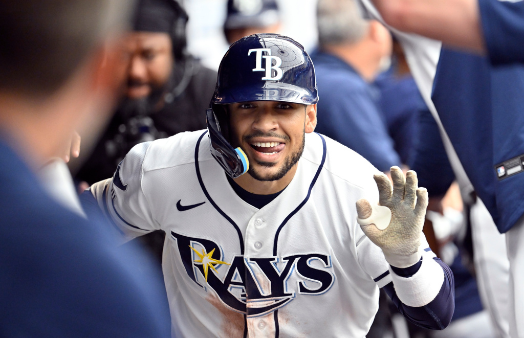 Tampa Bay Rays' Victor Mesa Jr. celebrates after his three-run home run during the fourth inning of a baseball game against the Kansas City Royals Thursday, June 25, 2026, in St. Petersburg, Fla. (AP Photo/Jason Behnken)