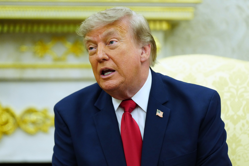 President Donald Trump speaks as he meets with Iraq's Prime Minister Ali al-Zaidi in the Oval Office of the White House, Tuesday, July 14, 2026, in Washington. (AP Photo/Julia Demaree Nikhinson)