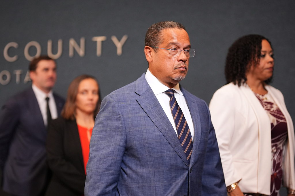 Minnesota Attorney General Keith Ellison leaves after a news conference, Thursday, Sept. 17, 2026, in Minneapolis. (AP Photo/Ellen Schmidt)