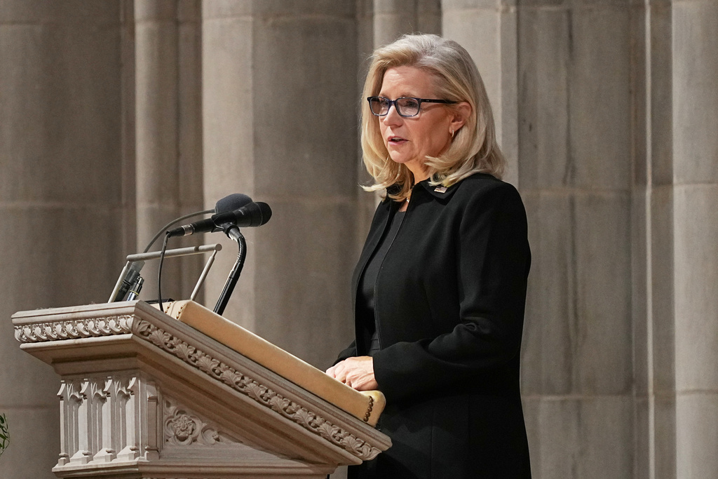 Former Rep. Liz Cheney, R-Wyoming, speaks a tribute to her father, during the funeral for former Vice President Dick Cheney, at the Washington National Cathedral, Thursday, Nov. 20, 2025 in Washington. (AP Photo/Matt Rourke)