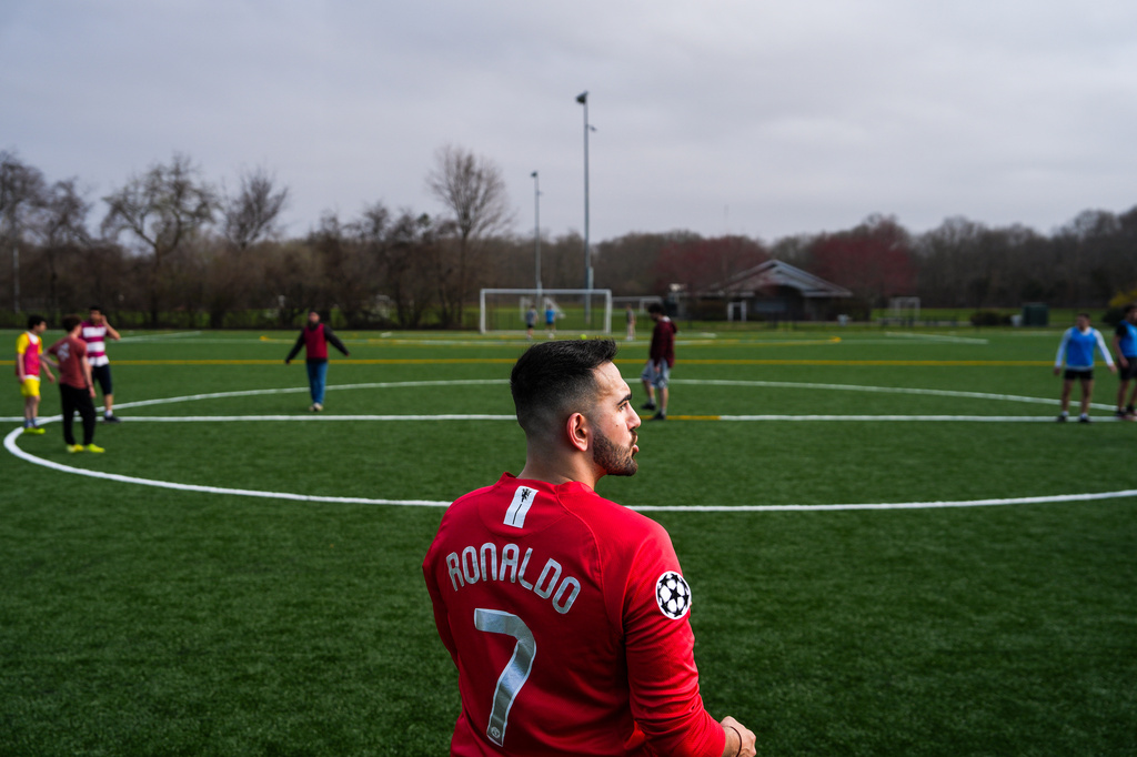 Tehran native and Stony Brook University graduate student Arad Ershad plays soccer with friends at Stony Brook University in Stony Brook, N.Y., Friday, April 3, 2026. (AP Photo/Ryan Murphy)