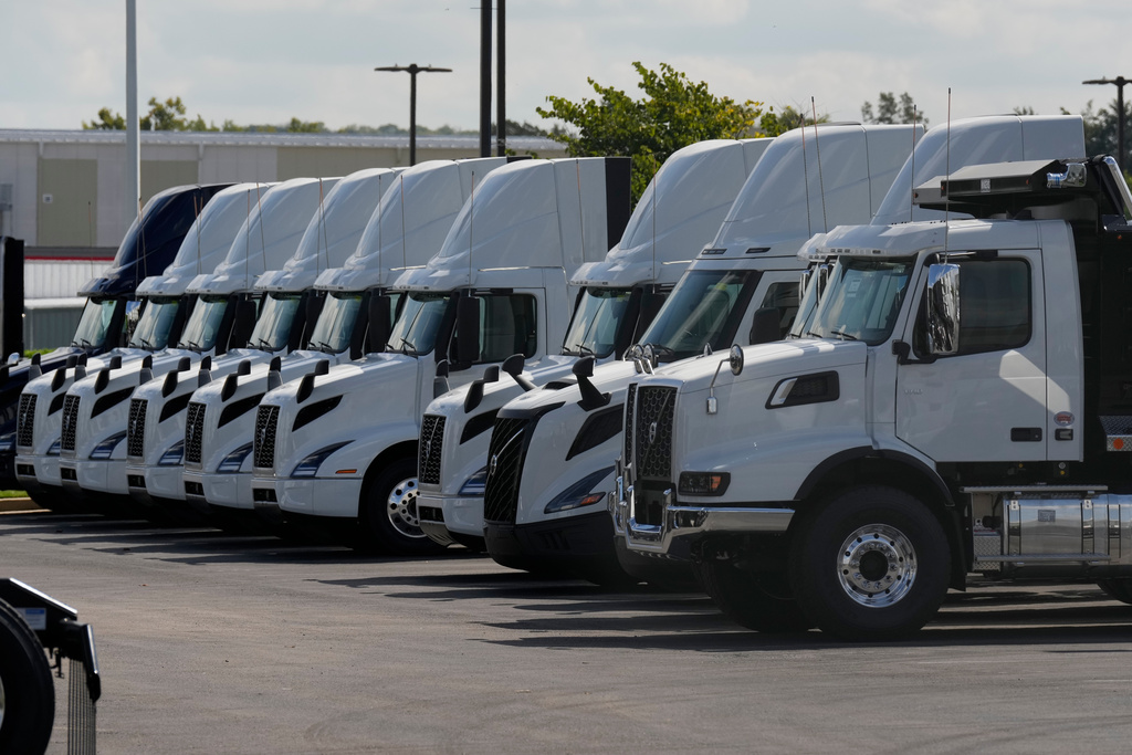 Volvo trucks are seen at a dealership Friday, Sept. 26, 2025, in LaVergne, Tenn. (AP Photo/George Walker IV)