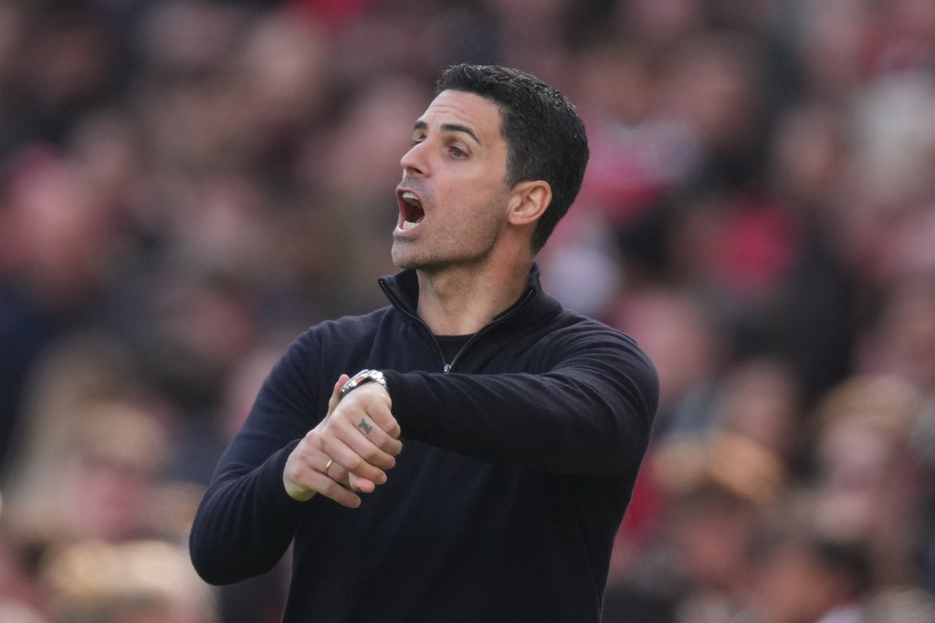 Arsenal's manager Mikel Arteta reacts during the Premier League soccer match between Arsenal and Bournemouth in London, England Saturday, April 11, 2026. (AP Photo/Dave Shopland)