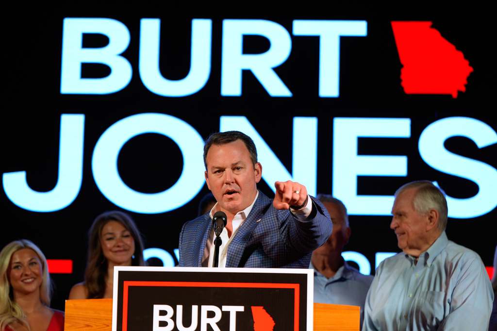 Georgia gubernatorial candidate Burt Jones speaks during a primary election night watch party, Tuesday, May 19, 2026, in Jackson, Ga. (AP Photo/Mike Stewart)