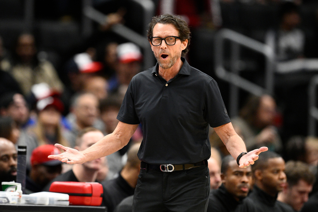 FILE - Atlanta Hawks head coach Quin Snyder in action during the first half of an NBA basketball game against the Washington Wizards, Saturday, Dec. 6, 2025, in Washington. (AP Photo/Nick Wass, File)