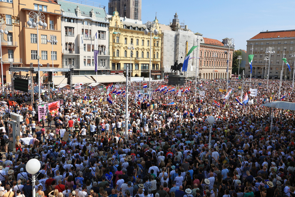 Thousands of people rally in protest over the discovery of illegally imported and disposed waste, including hazardous and toxic materials, in downtown Zagreb, Croatia, Saturday, Sept. 5, 2026. (AP Photo)