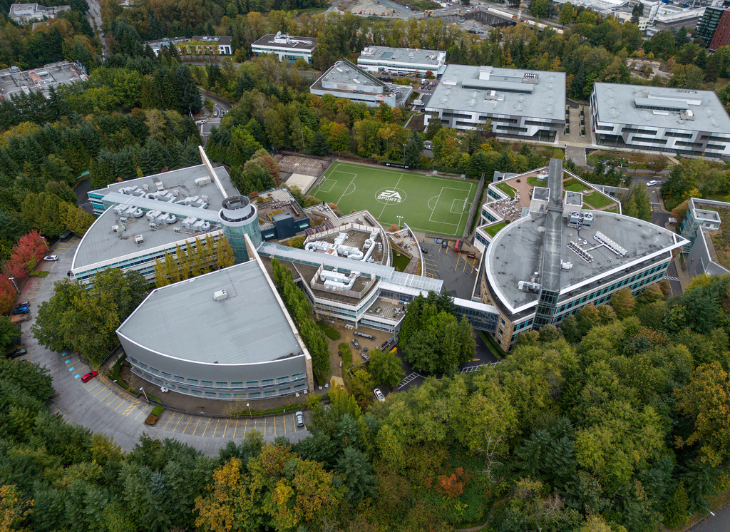 FILE - Electronic Arts' office and studio complex is seen in an aerial view, in Burnaby, British Columbia, on Sept. 29, 2025. (Darryl Dyck/The Canadian Press via AP, File)