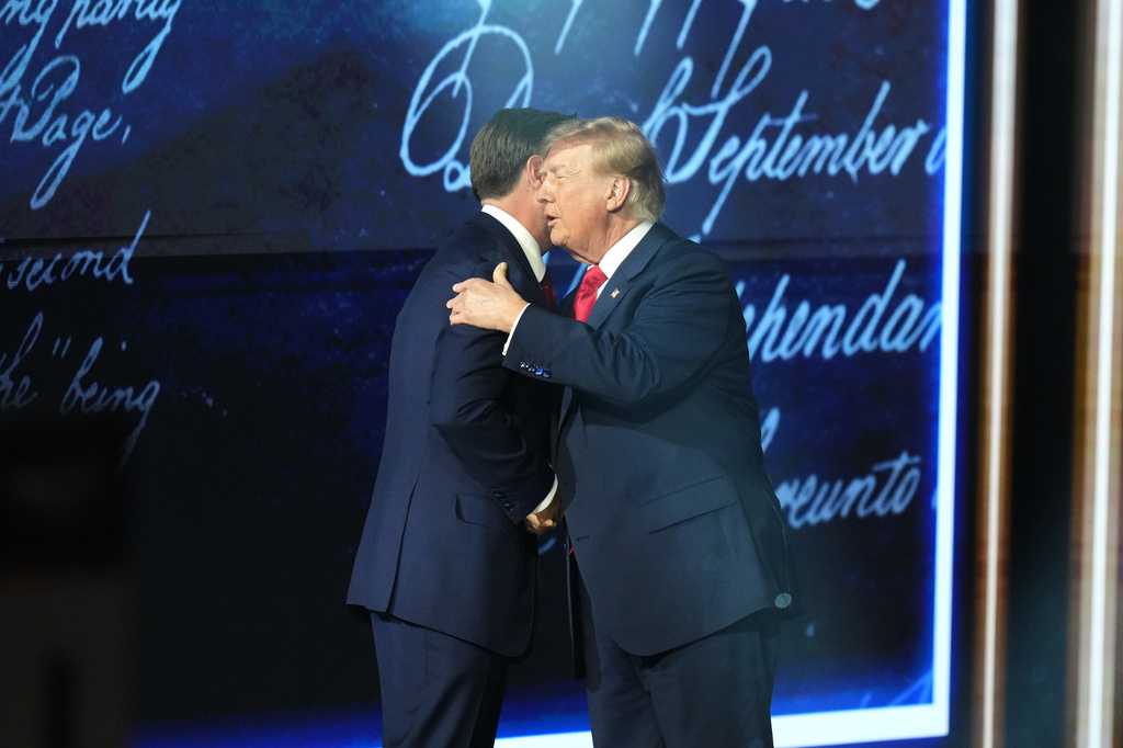 President Donald Trump greets Vice President JD Vance at the Republican convention Thursday, Sept. 10, 2026, in Dallas. (AP Photo/Alex Brandon)