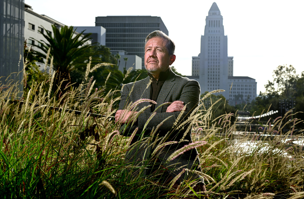 Miguel Santana, president and CEO of the California Community Foundation stands at Grand Park in Downtown Los Angeles Monday, Dec. 22, 2025, in Los Angeles. (AP Photo/Wally Skalij)