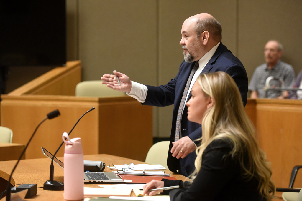 Senior Assistant Attorney General Benjamin Agati recounts the January 2001 murder of Dartmouth College professors Half and Susanne Zantop during a hearing on Monday, July 13, 2026, in Grafton Superior Court in North Haverhill, N.H. (Jennifer Hauck/Valley News via AP, Pool)