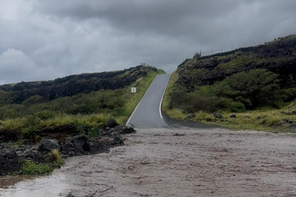 This photo provided by Maui County shows flooding from days of downpours in Hana, Hawaii, on Friday, March 13, 2026. (Maui County via AP)
