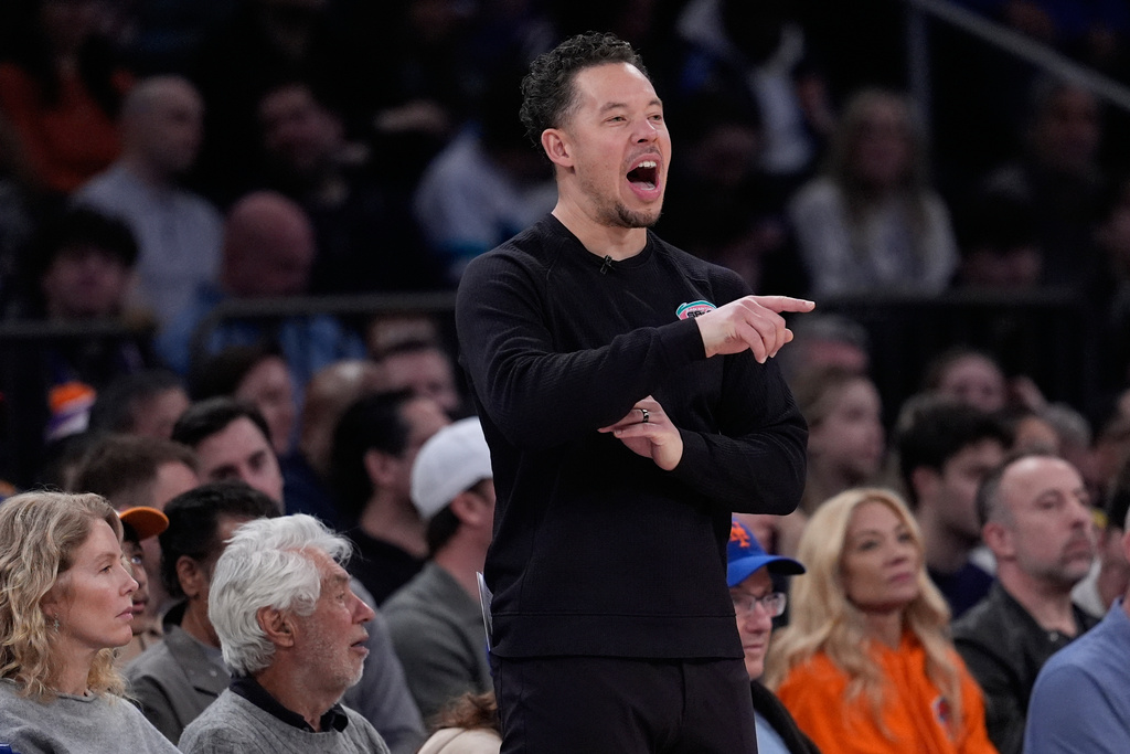 San Antonio Spurs' Mitch Johnson yells during the first half of an NBA basketball game against the New York Knicks Sunday, March 1, 2026, in New York. (AP Photo/Seth Wenig)