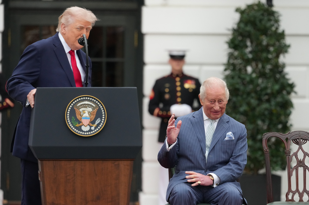 Britain's King Charles III listens as President Donald Trump speaks during a State Visit arrival ceremony on the South Lawn of the White House, Tuesday, April 28, 2026, in Washington. (AP Photo/Alex Brandon)