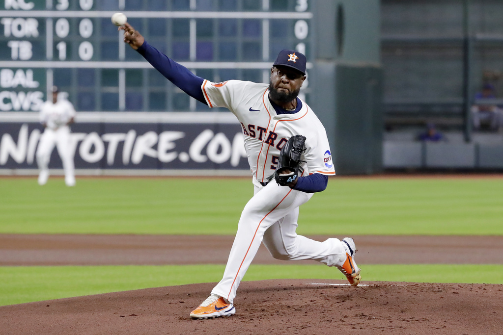 Houston Astros starting pitcher Cristian Javier throws against the Texas Rangers during the first inning of a baseball game Wednesday, Sept. 17, 2025, in Houston. (AP Photo/Michael Wyke)