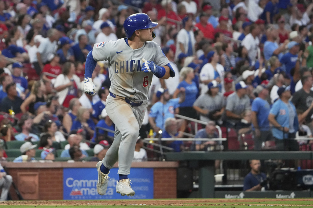 Chicago Cubs' Matt Shaw watches his solo home run during the fifth inning of a baseball game against the St. Louis Cardinals Saturday, Aug. 9, 2025, in St. Louis. (AP Photo/Jeff Roberson)