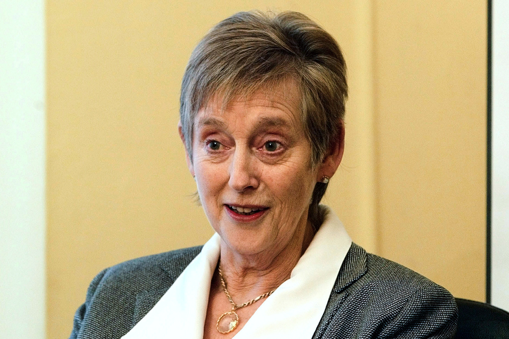 FILE - In this Dec. 14, 2004 file photo, the former head of the British Intelligence service Stella Rimington poses in her office in London. (AP Photo/Dave Caulkin, File)